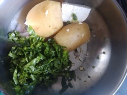 add boiled potatoes chopped spinach paneer to a bowl