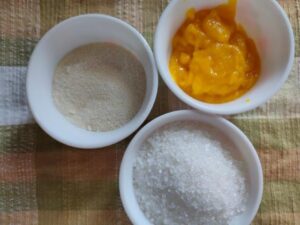 ingredients for mango kesari- suji, sugar, mango
