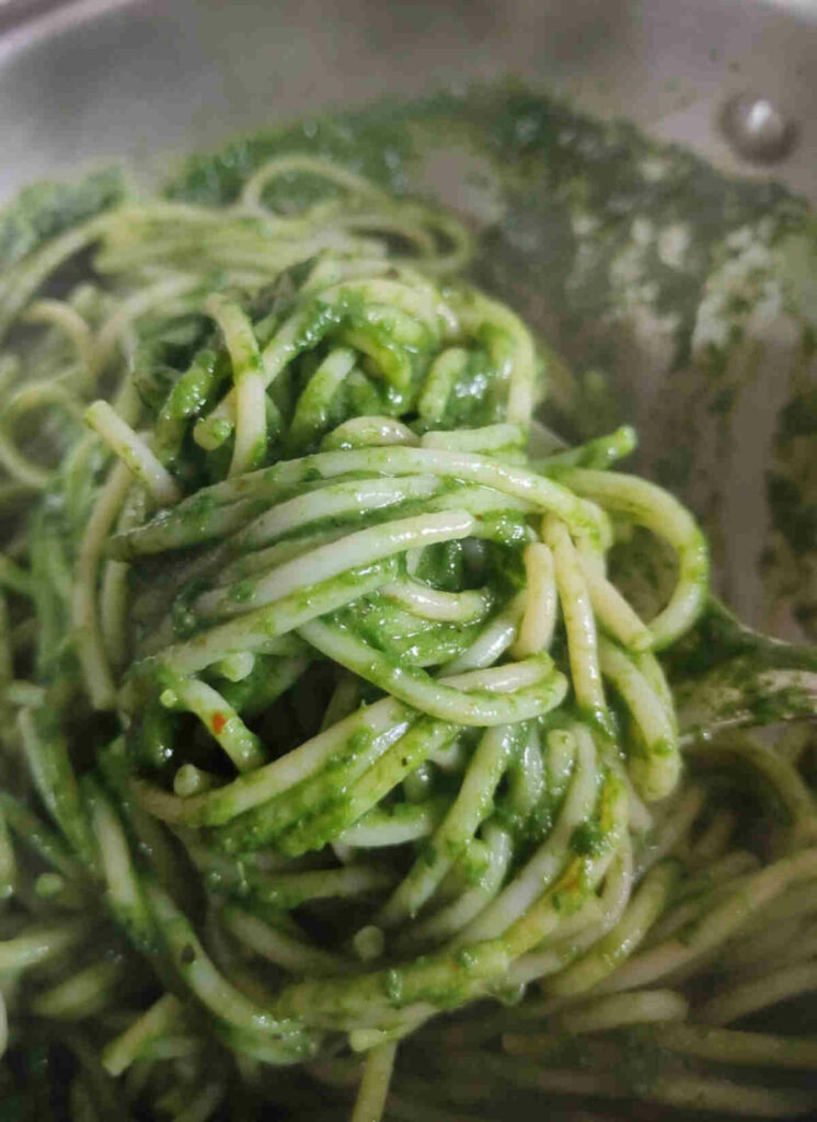 boiled pasta mixed with vegan spinach sauce