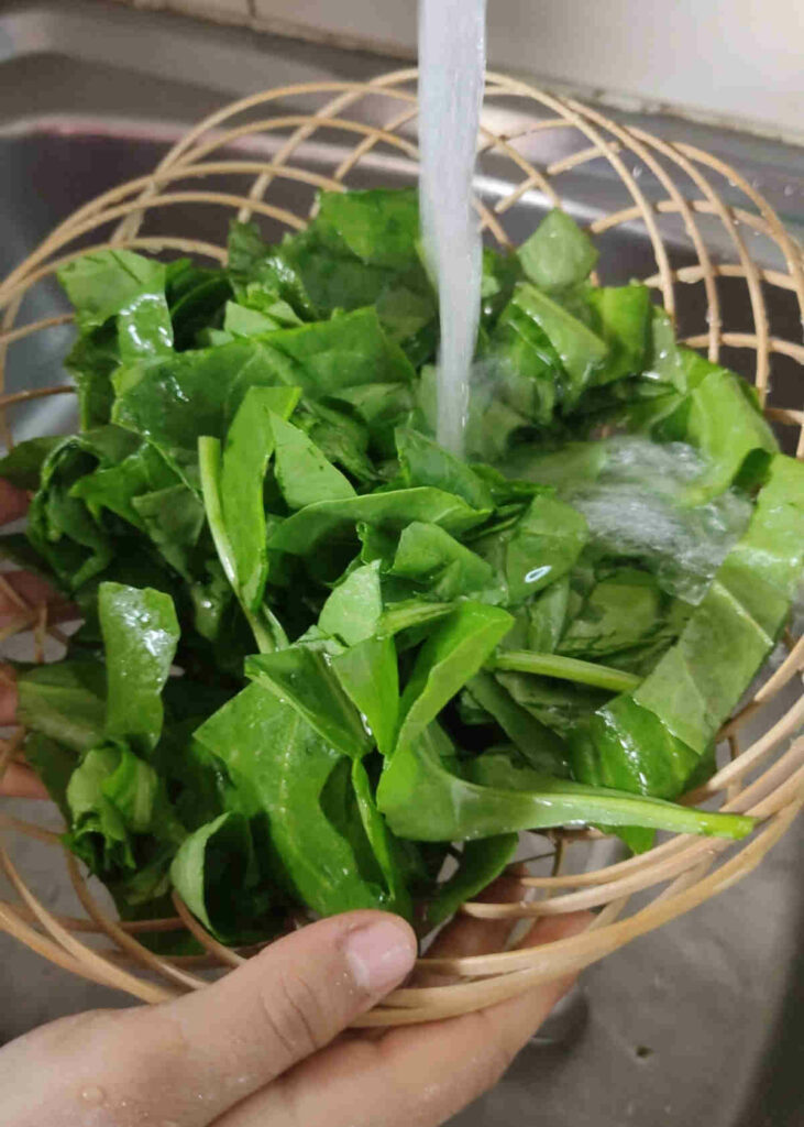 wash spinach leaves under tap water
