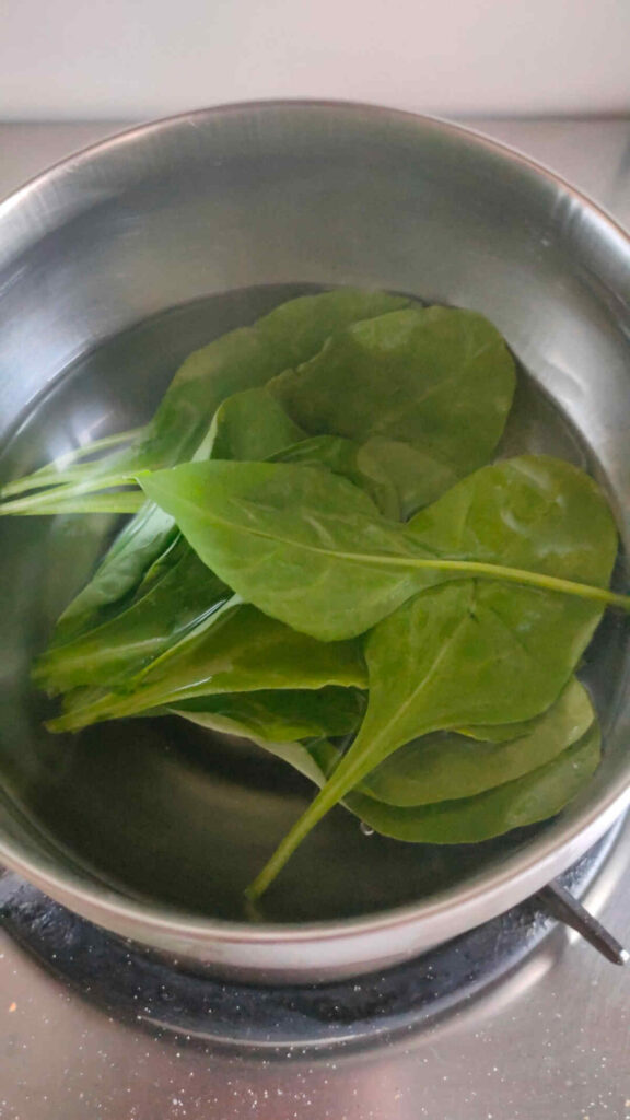 spinach leaves in a pan for smoothie apple