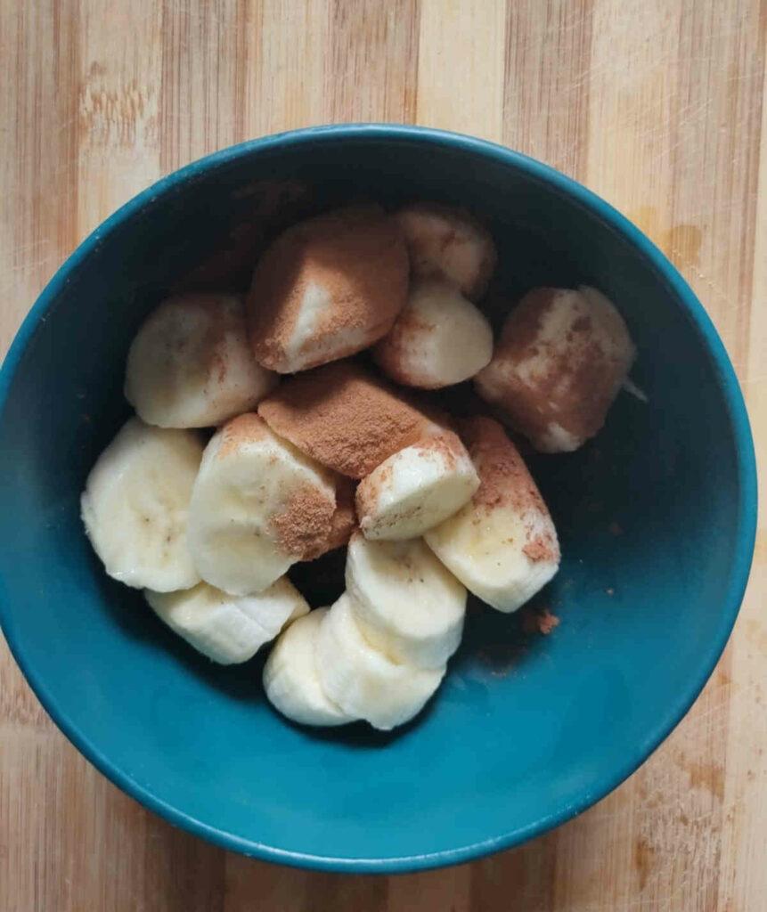 bananas tossed in cinnamon maple cocoa powder for air frying