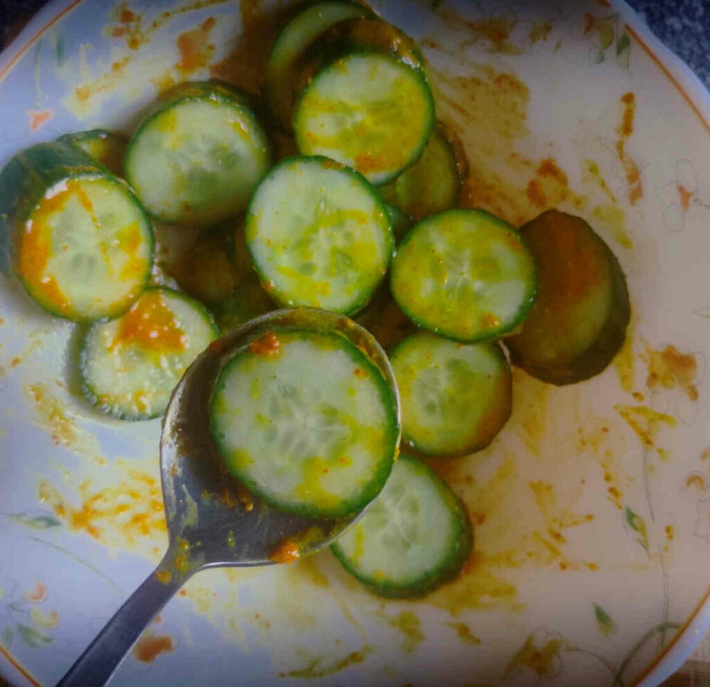 mixed spices and all with sliced cucumbers for air frying