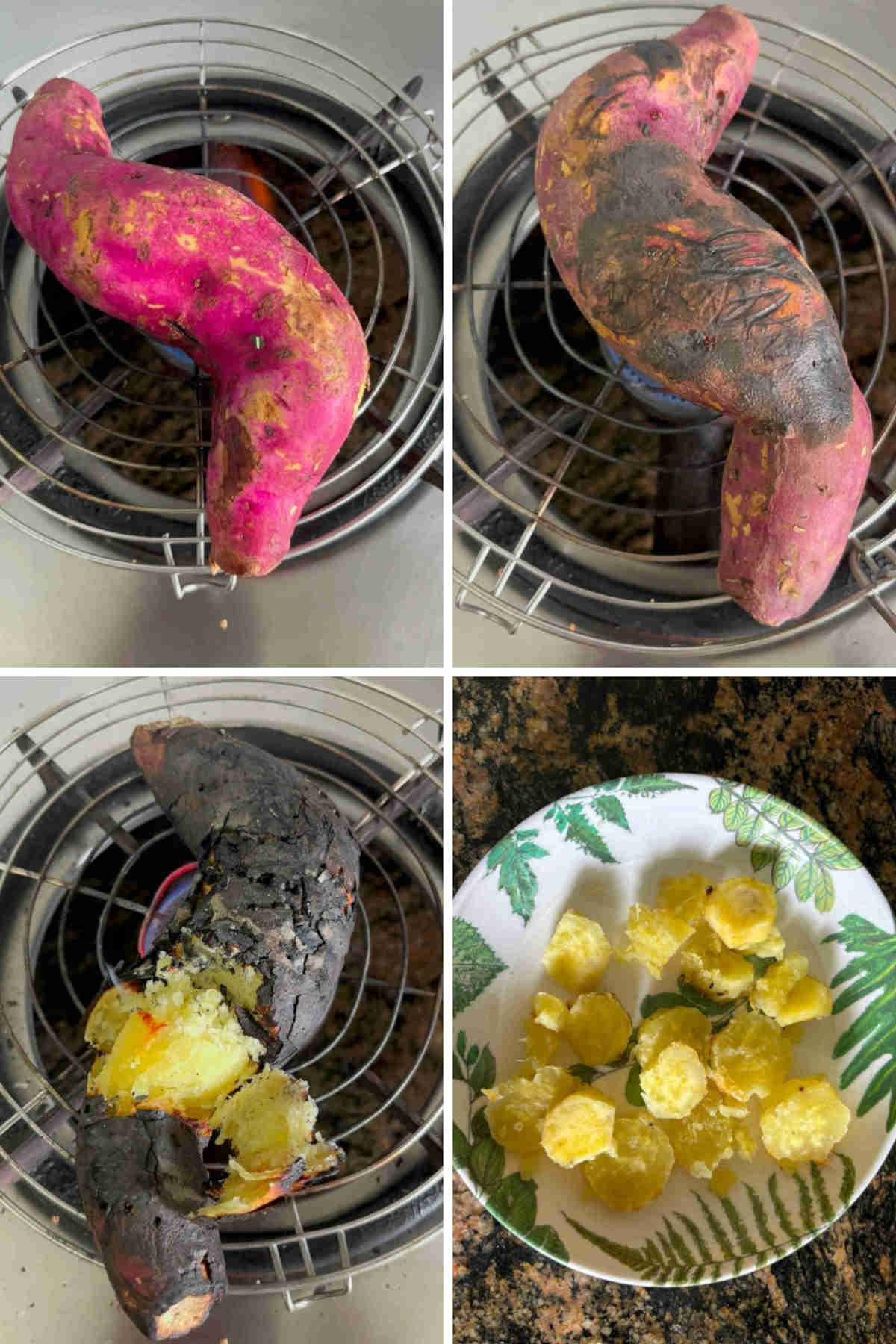 roast sweet potato on metal rack over gas burner